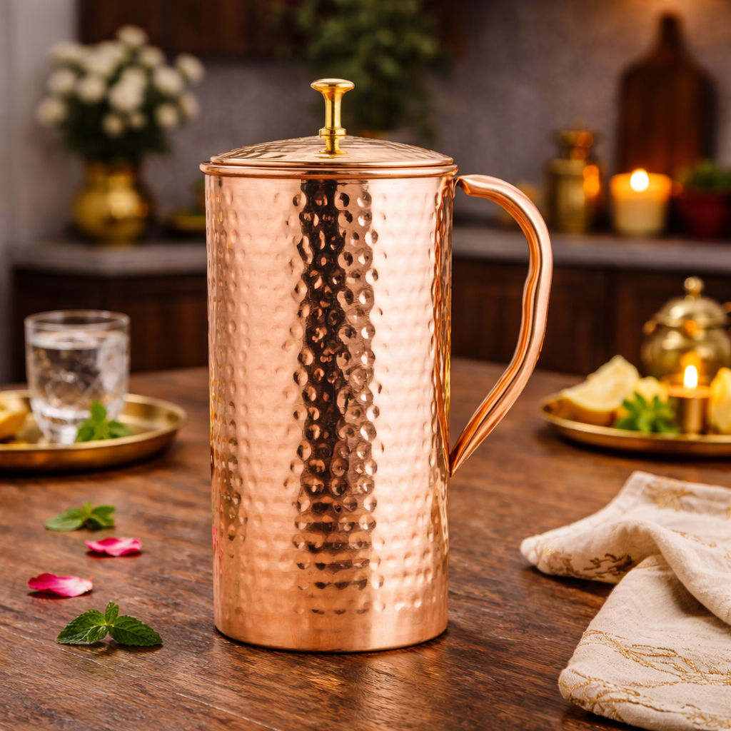 Pure copper hammered antique design jug, pitcher with brass knob on lid hammered, 2000 ML